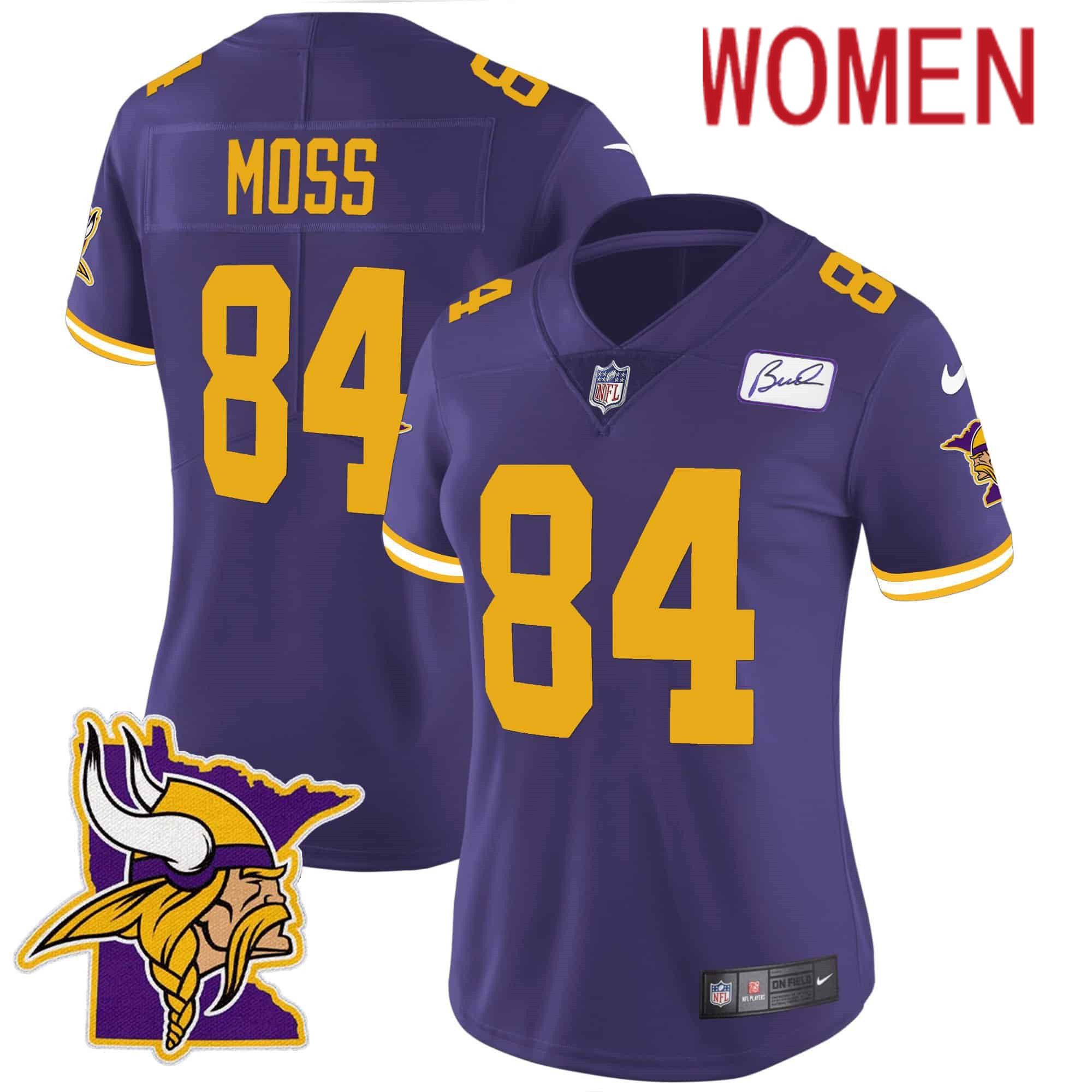 Women Minnesota Vikings 84 Moss Purple 2024 Nike Patch Classic Limited NFL Jersey style 2